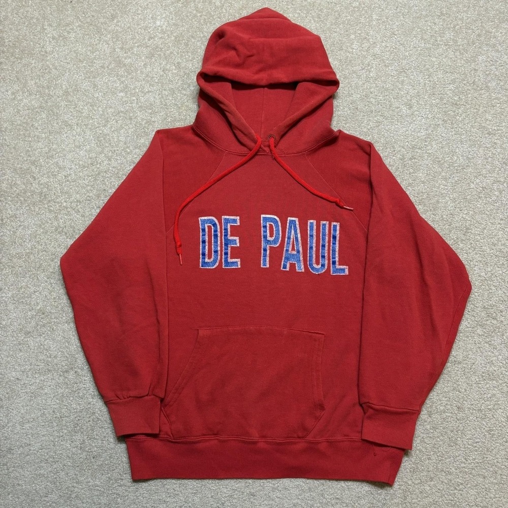 Vtg DePaul Blue Demons Champion Hoodie Sweatshirt 70s 80s Mens Medium Red Raglan